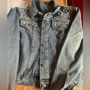 Women's Denim Jacket with Pearl Embellishments